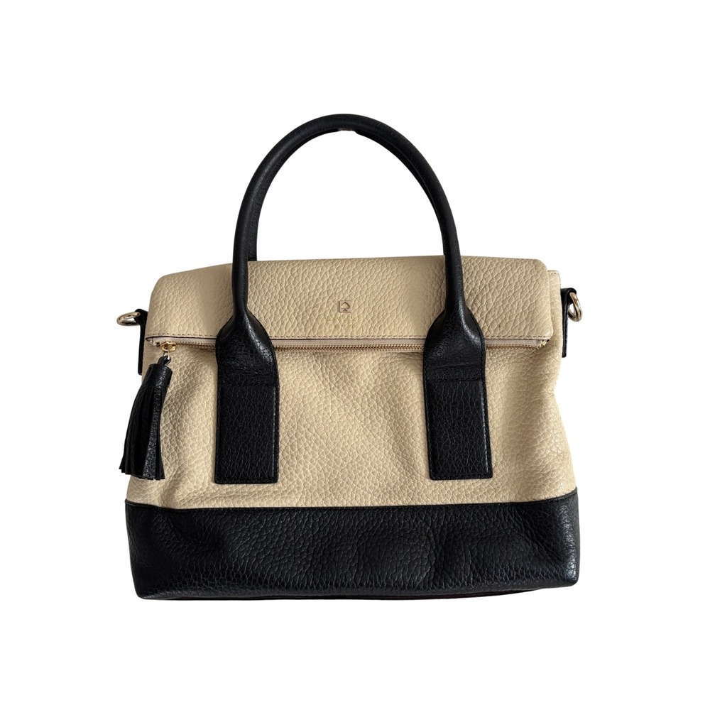 Kate Spade New York Pebbled Leather Colorblock Satchel Cream Black Tassel Bag